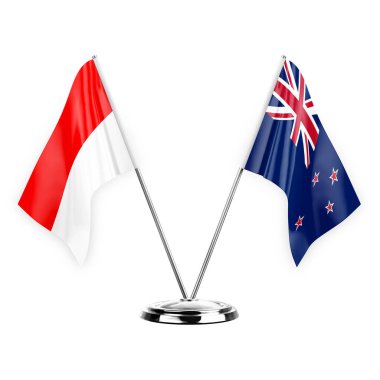 Two table flags isolated on white background 3d illustration, indonesia and new zealand