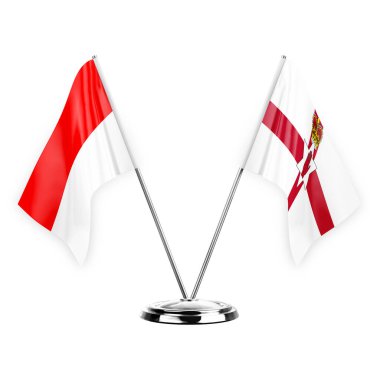 Two table flags isolated on white background 3d illustration, indonesia and ireland