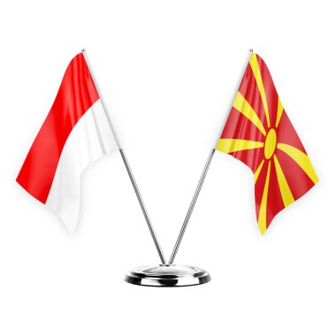 Two table flags isolated on white background 3d illustration, indonesia and north macedonia