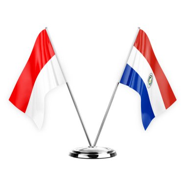 Two table flags isolated on white background 3d illustration, indonesia and paraguay