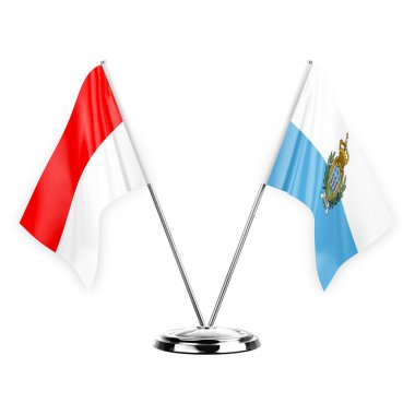 Two table flags isolated on white background 3d illustration, indonesia and san marino