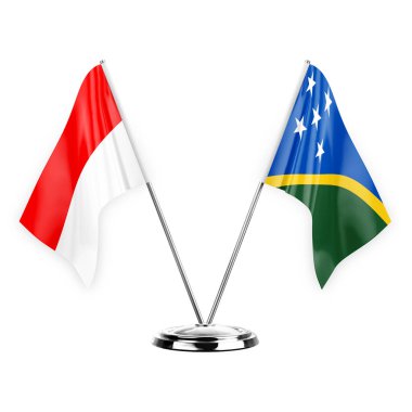 Two table flags isolated on white background 3d illustration, indonesia and solomon islands