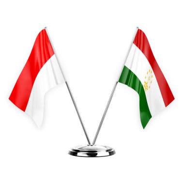 Two table flags isolated on white background 3d illustration, indonesia and tajikistan