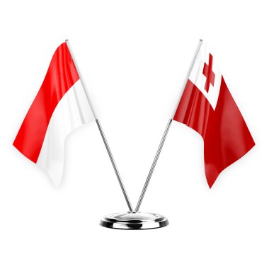 Two table flags isolated on white background 3d illustration, indonesia and tonga