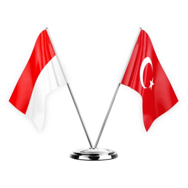 Two table flags isolated on white background 3d illustration, indonesia and turkey
