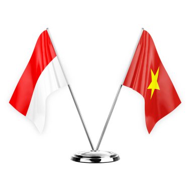 Two table flags isolated on white background 3d illustration, indonesia and vietnam