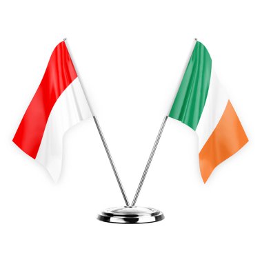 Two table flags isolated on white background 3d illustration, indonesia and ireland