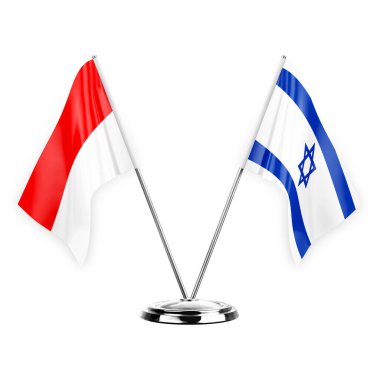 Two table flags isolated on white background 3d illustration, indonesia and israel