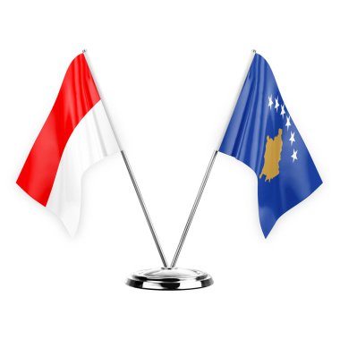 Two table flags isolated on white background 3d illustration, indonesia and kosovo