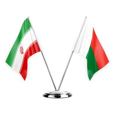 Two table flags isolated on white background 3d illustration, iran and madagascar