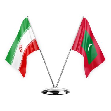 Two table flags isolated on white background 3d illustration, iran and maldives