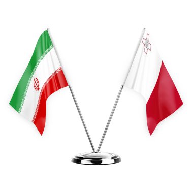 Two table flags isolated on white background 3d illustration, iran and malta