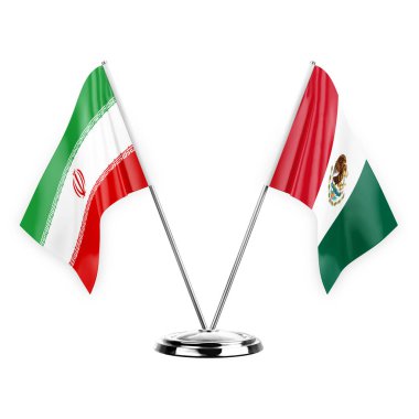 Two table flags isolated on white background 3d illustration, iran and mexico