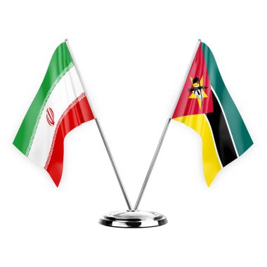 Two table flags isolated on white background 3d illustration, iran and mozambique