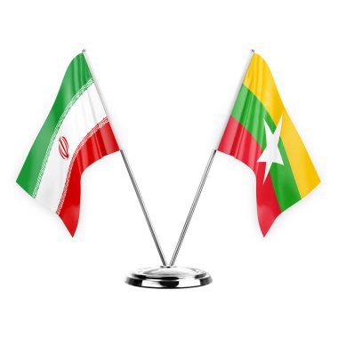 Two table flags isolated on white background 3d illustration, iran and myanmar