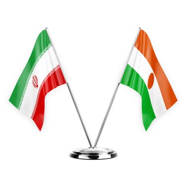 Two table flags isolated on white background 3d illustration, iran and niger