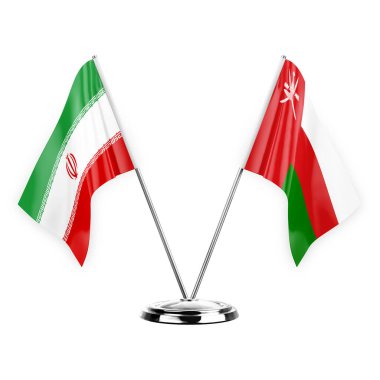 Two table flags isolated on white background 3d illustration, iran and oman
