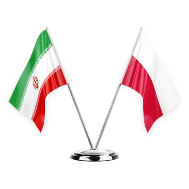 Two table flags isolated on white background 3d illustration, iran and poland
