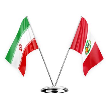 Two table flags isolated on white background 3d illustration, iran and peru