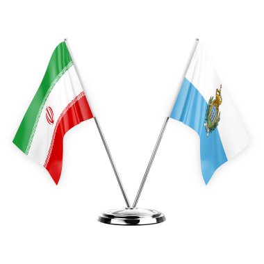Two table flags isolated on white background 3d illustration, iran and san marino