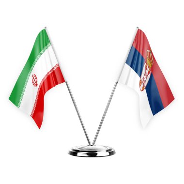 Two table flags isolated on white background 3d illustration, iran and serbia