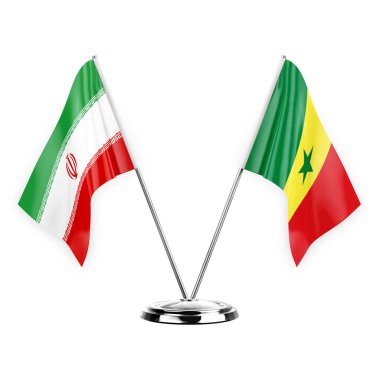 Two table flags isolated on white background 3d illustration, iran and senegal