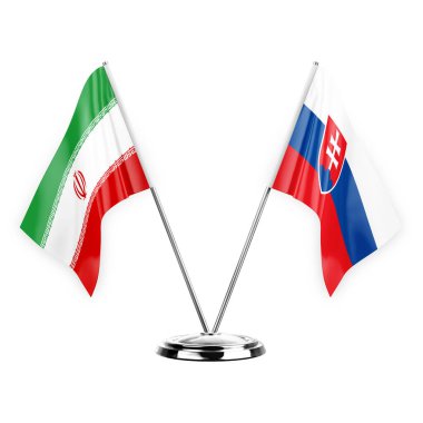 Two table flags isolated on white background 3d illustration, iran and slovakia