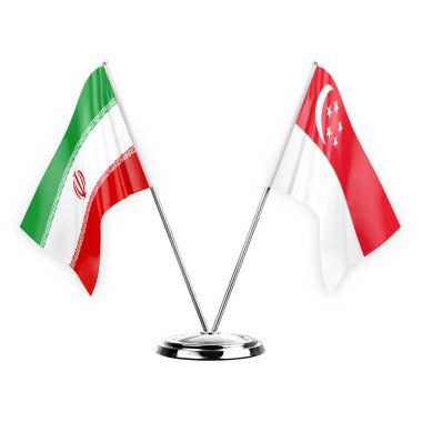 Two table flags isolated on white background 3d illustration, iran and singapore