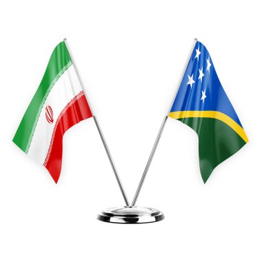 Two table flags isolated on white background 3d illustration, iran and solomon islands