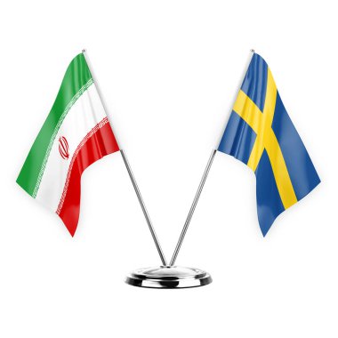 Two table flags isolated on white background 3d illustration, iran and sweden