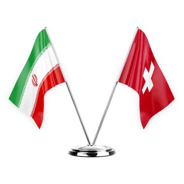Two table flags isolated on white background 3d illustration, iran and switzerland