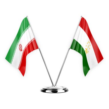 Two table flags isolated on white background 3d illustration, iran and tajikistan