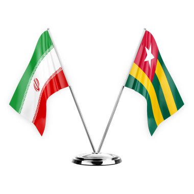 Two table flags isolated on white background 3d illustration, iran and togo