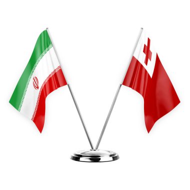 Two table flags isolated on white background 3d illustration, iran and tonga