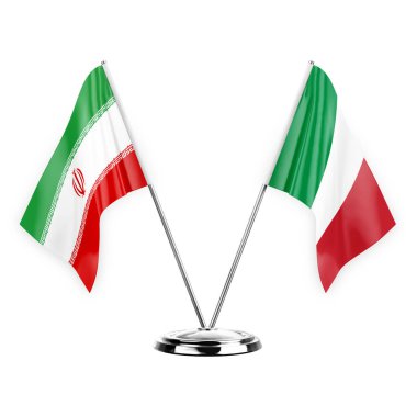 Beyaz arka planda izole edilmiş iki masa bayrağı. 3D illüstrasyon, İran ve İtalya.