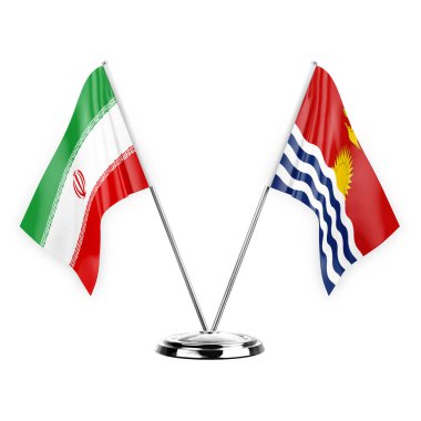 Beyaz arka planda izole edilmiş iki masa bayrağı. 3D illüstrasyon, İran ve Kiribati.