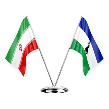 Beyaz arka planda izole edilmiş iki masa bayrağı. 3D illüstrasyon, İran ve lesotho.