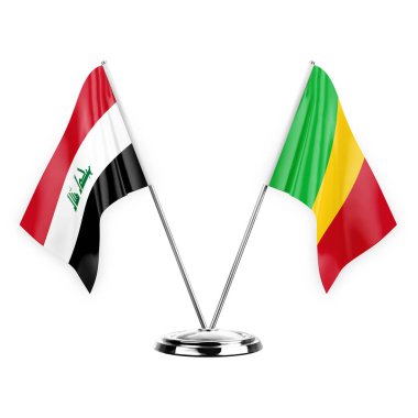 Beyaz arka planda izole edilmiş iki masa bayrakları 3 boyutlu illüstrasyon, Irak ve Mali