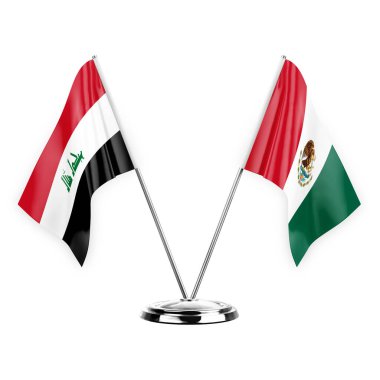 Beyaz arka planda izole edilmiş iki masa bayrağı. 3 boyutlu illüstrasyon, Irak ve Meksika.