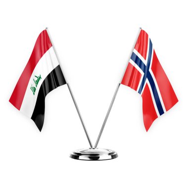 Beyaz arka planda iki masa bayrağı izole edildi. 3D illüstrasyon, Irak ve Norveç.