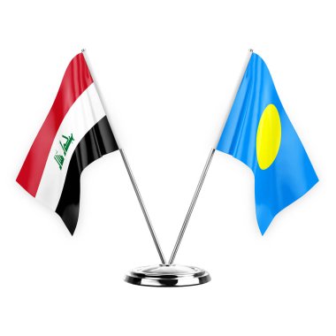 Beyaz arka planda izole edilmiş iki masa bayrakları 3D illüstrasyon, Irak ve palau