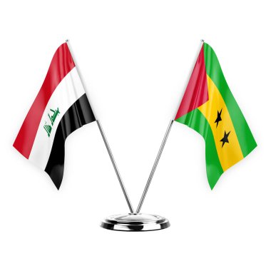Beyaz arka planda izole edilmiş iki masa bayrakları 3 boyutlu illüstrasyon, Irak ve sao tome ve Principe