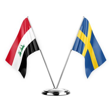 Beyaz arka planda iki masa bayrağı izole edilmiş. 3 boyutlu illüstrasyon, Irak ve İsveç.