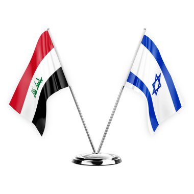 Beyaz arka planda izole edilmiş iki masa bayrağı. 3 boyutlu illüstrasyon, Irak ve İsrail.
