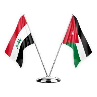 Beyaz arka planda iki masa bayrağı izole edildi. 3 boyutlu illüstrasyon, Irak ve Ürdün.