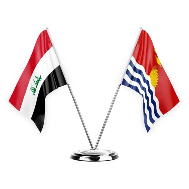 Beyaz arka planda izole edilmiş iki masa bayrakları 3D illüstrasyon, Irak ve kiribati