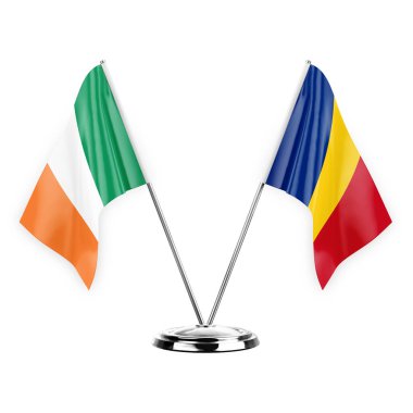 Two table flags isolated on white background 3d illustration, ireland and romania
