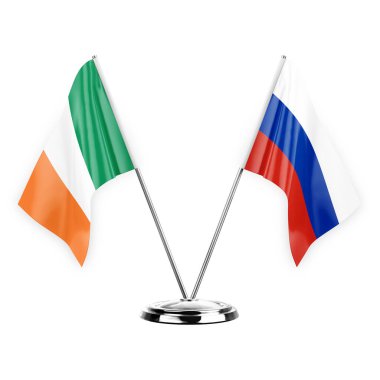 Two table flags isolated on white background 3d illustration, ireland and russia