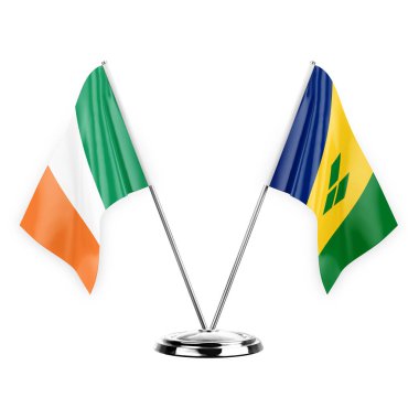Two table flags isolated on white background 3d illustration, ireland and saint vincent and the grenadines