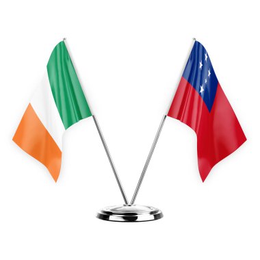 Two table flags isolated on white background 3d illustration, ireland and samoa